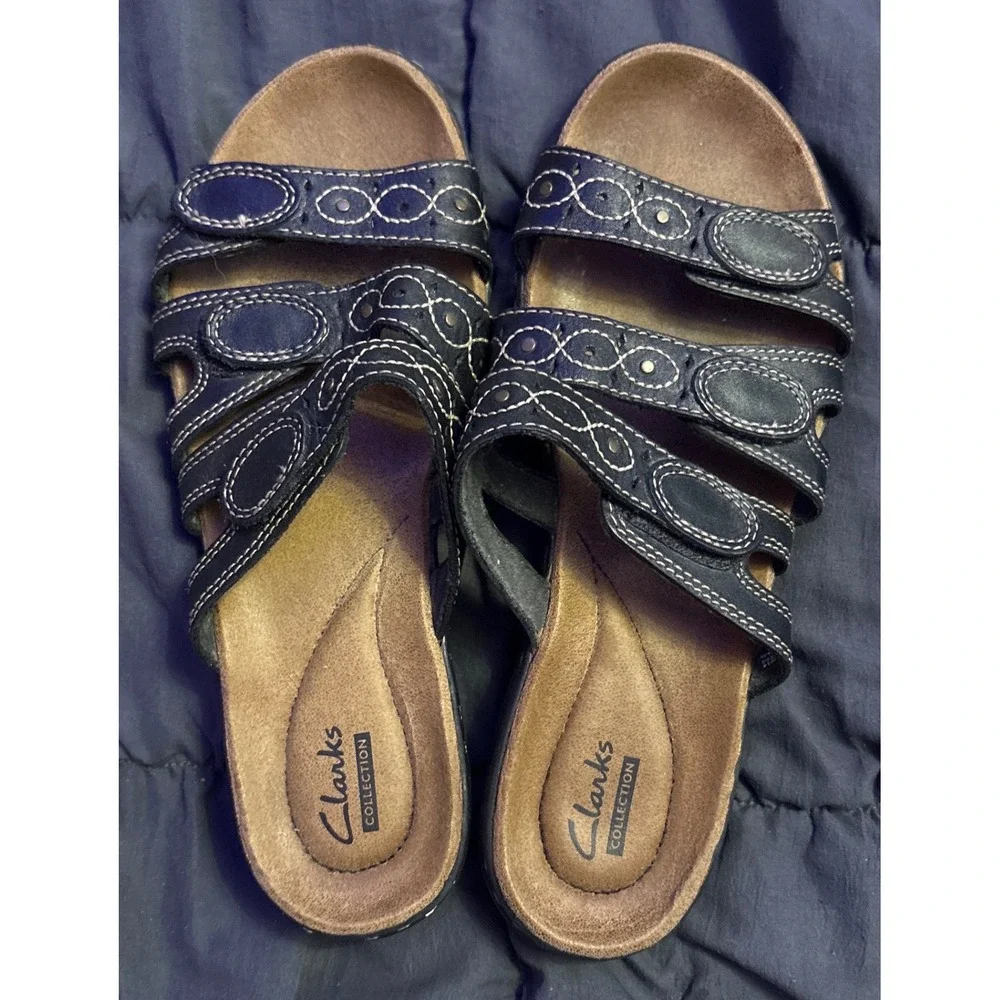 Clarks Collection Black Leather Multi Strap Slide Sandals Size 8 M